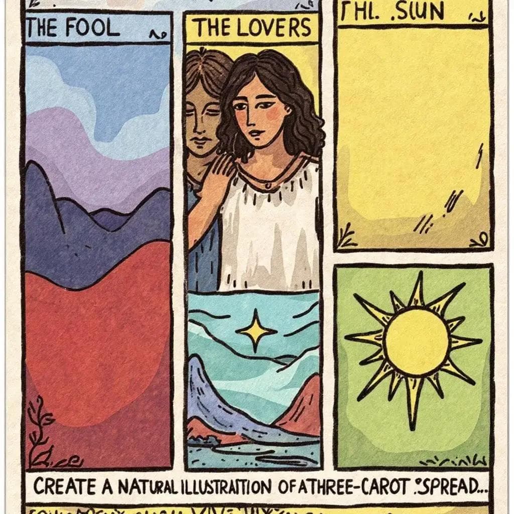 A detailed illustration of various Tarot cards laid out in a Three-Card Spread, showcasing 'The Fool,' 'The Lovers,' and 'The Sun.'