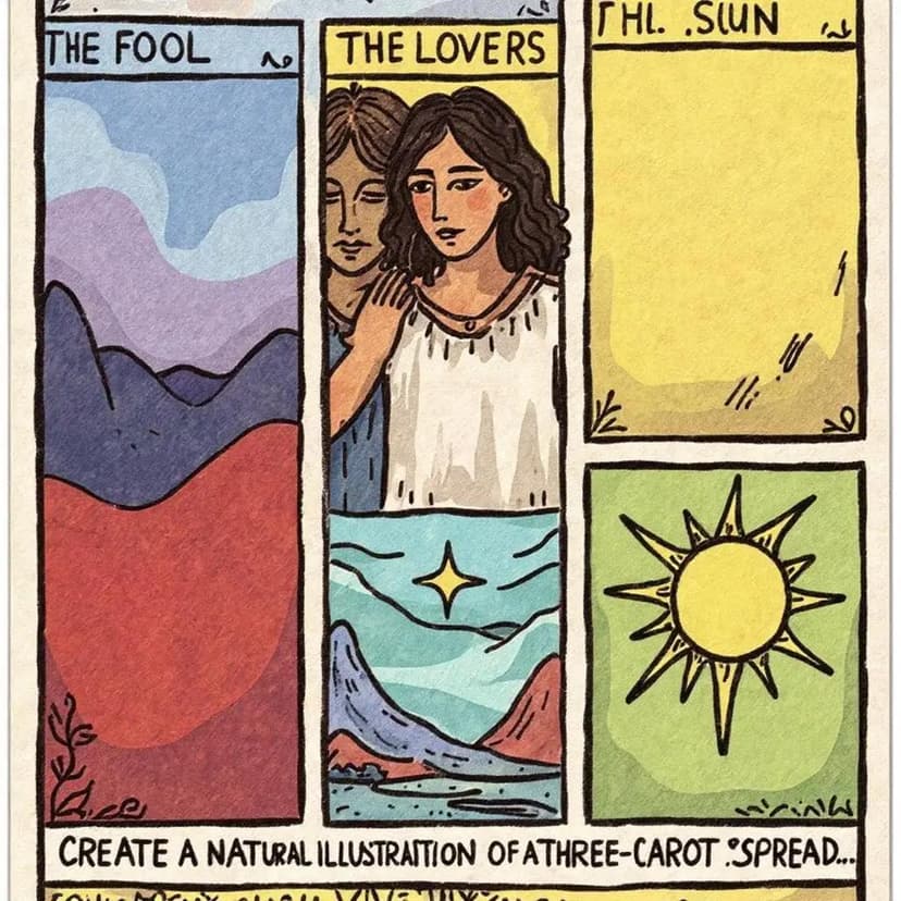 A detailed illustration of various Tarot cards laid out in a Three-Card Spread, showcasing 'The Fool,' 'The Lovers,' and 'The Sun.'