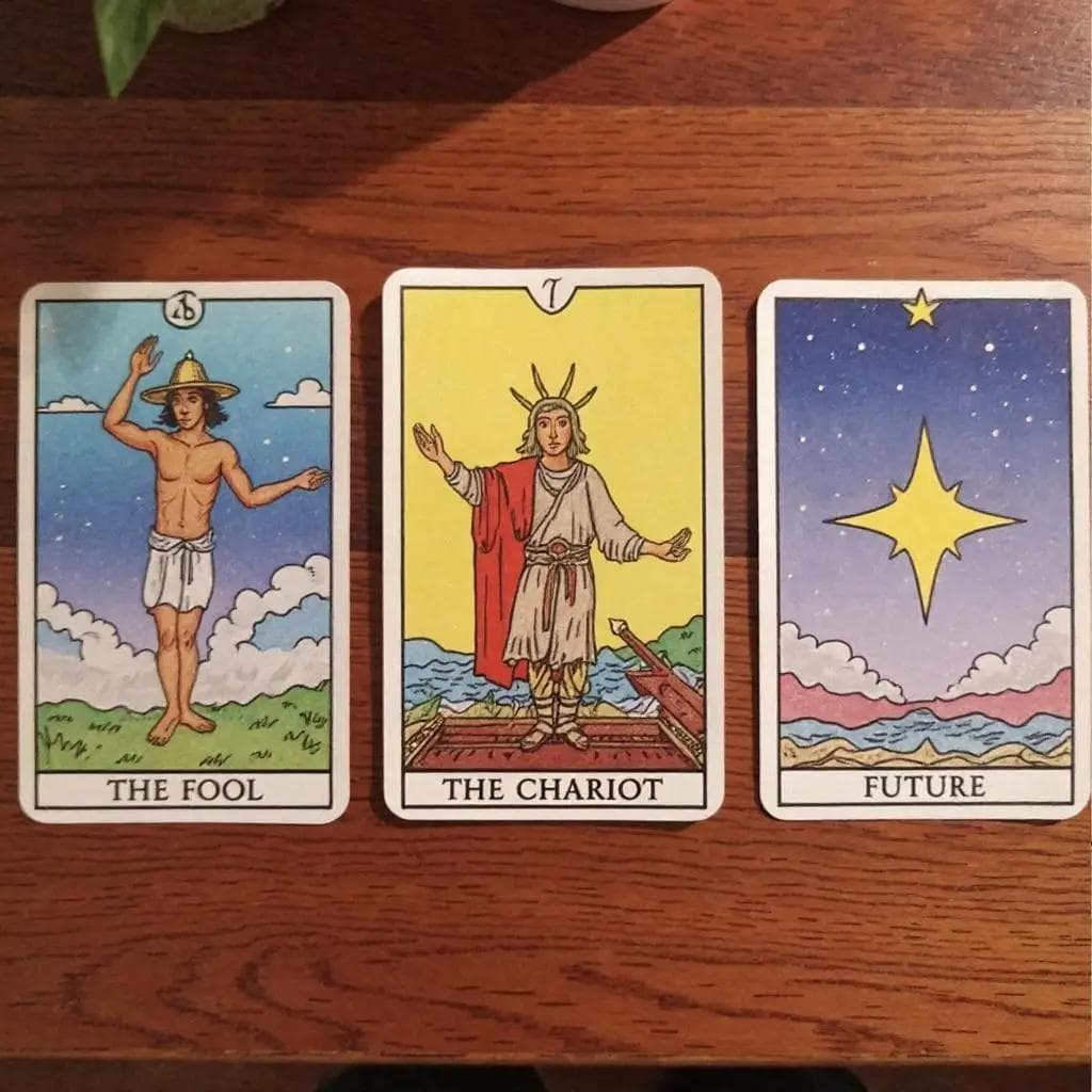 A beautifully arranged tarot spread featuring 'The Fool', 'The Chariot', and 'The Star' for daily guidance.