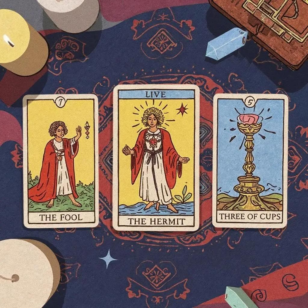 A tarot reading setup with cards laid out on a mystical cloth, featuring 'The Fool', 'The Hermit', and 'Three of Cups'.