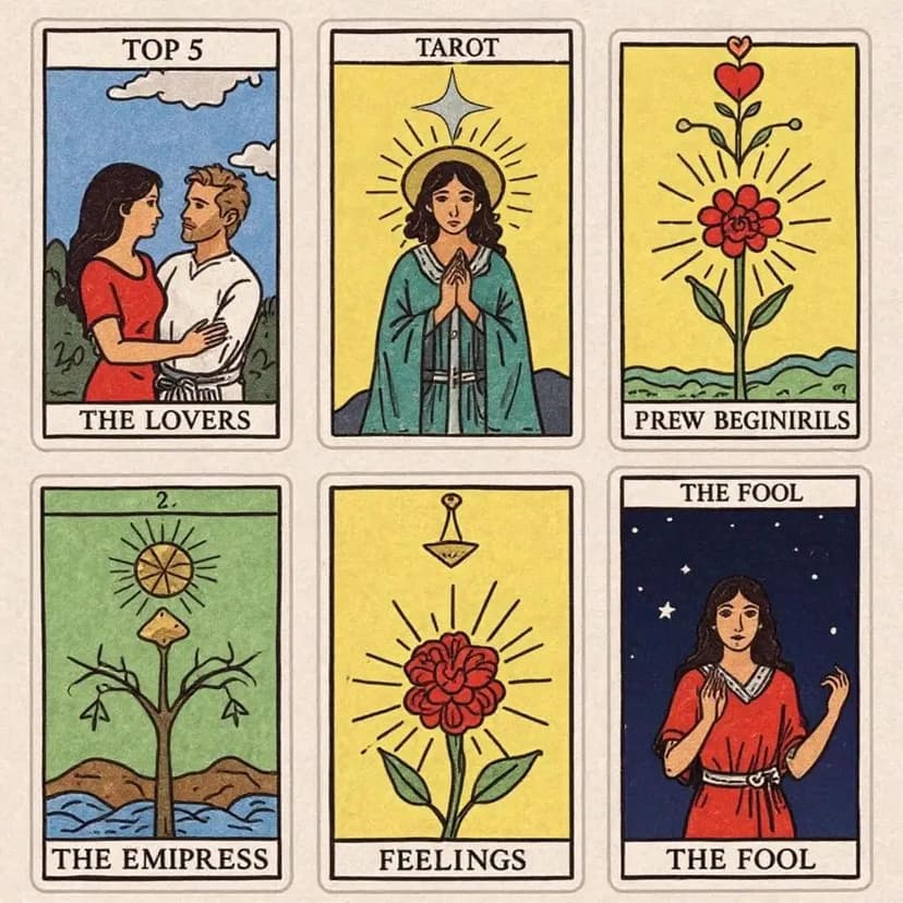 A visual representation of the top 5 tarot spreads for love readings, including cards like 'The Lovers' and 'The Empress'.